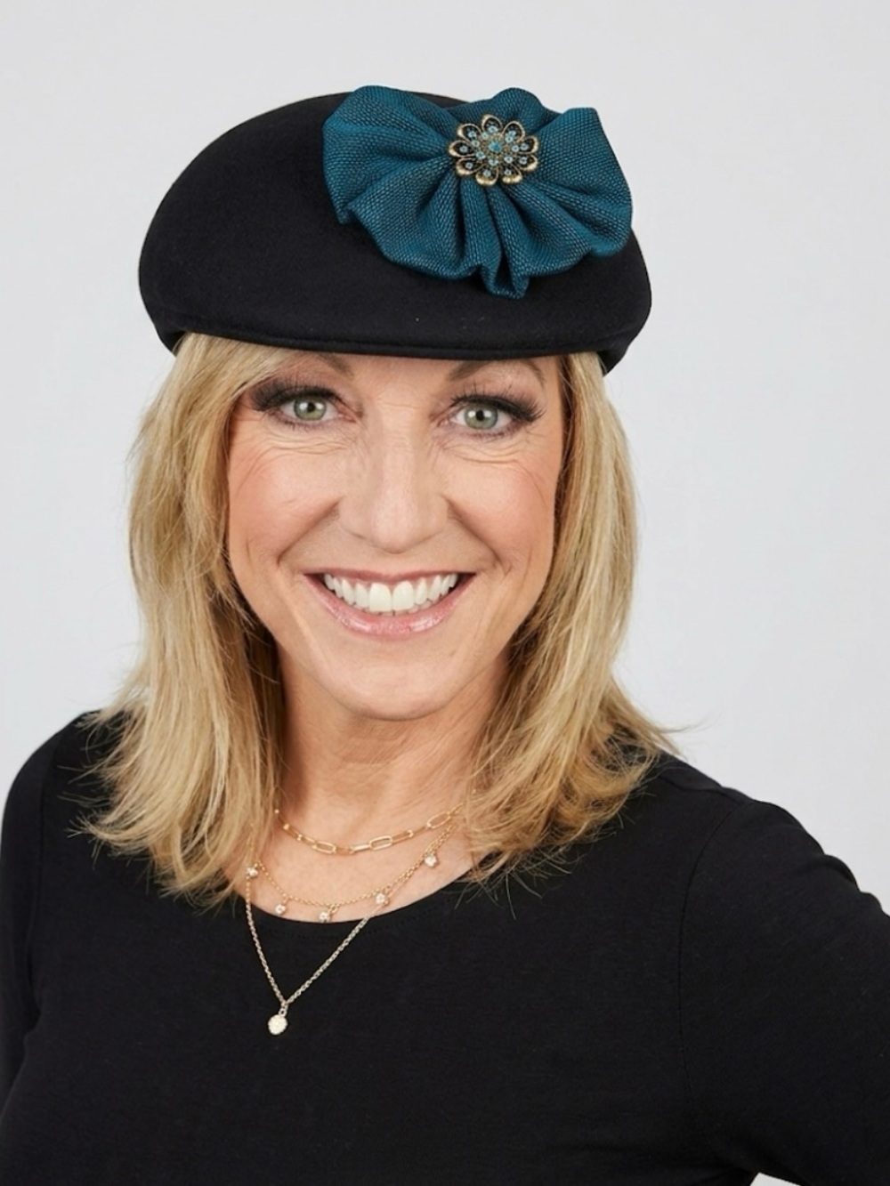 100% Wool Newsboy Black Hat Cap Floral Brooch Handmade Upcycled Black Gold Blue